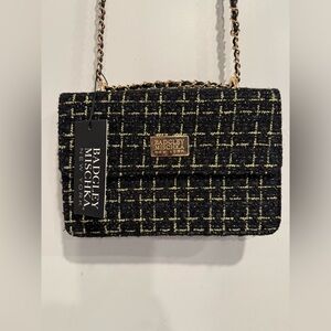 Badgley Mischa Crossbody Fabric Tweed Handbag Black Gold Purse